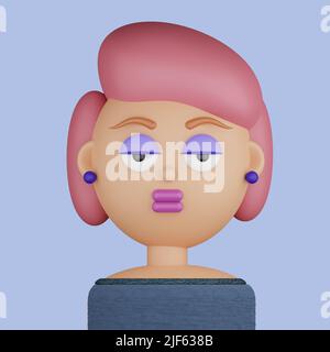3D Illustration einer jungen Frau. Cartoon Nahaufnahme Porträt der stehenden jungen Frau auf einem blauen Hintergrund. 3D Avatar für ui ux. Stockfoto