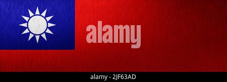 Banner der grunge taiwanesischen Flagge. Schmutzige Taiwan-Flagge auf einer Metalloberfläche. Bannerdesign Stockfoto