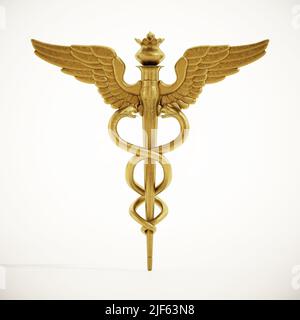 Goldenes Caduceus-Symbol auf weißem Hintergrund isoliert. 3D Abbildung. Stockfoto