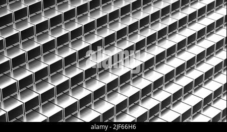 Hintergrund von Aluminium- oder Stahlprofilen. Stapel von Aluminiumprofilen oder Stahlprofilen. 3D Abbildung Stockfoto