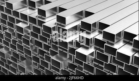 Hintergrund von Aluminium- oder Stahlprofilen. Stapel von Aluminiumprofilen oder Stahlprofilen. 3D Abbildung Stockfoto