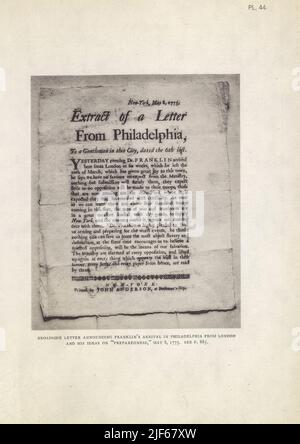 BROADSIDE BRIEF ANKÜNDIGT FRANKLIN'S ANKUNFT IN PHILADELPHIA AUS LONDON UND SEINE IDEEN ÜBER “‘VORBEREITUNG, 8. MAI 1775 aus dem Buch die Ikonographie von Manhattan Island, 1498-1909 aus Originalquellen zusammengestellt und illustriert durch Foto-Tiefdruck-Reproduktionen von wichtigen Karten, Pläne, Ansichten und Dokumente in öffentlichen und privaten Sammlungen - Band 4 Stockfoto