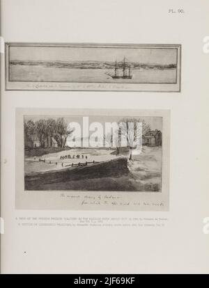 BLICK AUF DIE FRANZÖSISCHE FREGATTE 'L’ACTIVE' IM HUDSON RIVER ÜBER OCT. 12, 1789; GEZEICHNET VON MADAME DE BREHAN aus dem Buch die Ikonographie von Manhattan Island, 1498-1909, zusammengestellt aus Originalquellen und illustriert mit Foto-Tiefdruck-Reproduktionen wichtiger Karten, Pläne, Ansichten und Dokumente in öffentlichen und privaten Sammlungen - Band 6 Stockfoto