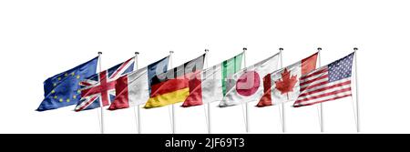 Gipfel G7. Flaggen der Mitglieder von G7 Gruppe von sieben und Liste der Länder und Russland Flagge. Gruppe der Sieben. Stockfoto