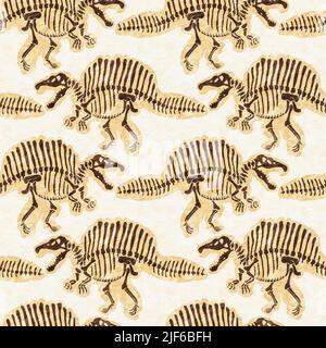 Braun handgezeichnete Spinosaurus fossile Knochen Dinosaurier nahtloses Muster. Geschlechtsspezifische neutrale jurassische Silhouette für die Babykrippe. Home Dekor für Museum Stockfoto