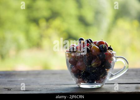 Sommerbeeren in einer Glasschale verschwommener Hintergrund Stockfoto