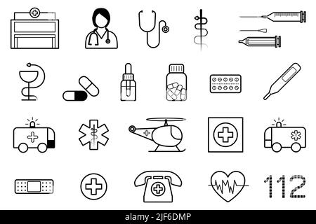 Medizinisches Symbolset. Sammlung von Medizin und Gesundheitssymbolen. Vektordarstellung im Linienstil Stock Vektor