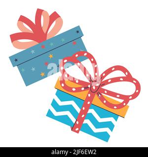 Geschenkboxen für Geschäfte Werbegeschenke, Geburtstag und Weihnachtsgeschenk, flache Vektorgrafik isoliert auf weißem Hintergrund. Geschenk, Auszeichnung oder Überraschung. Stock Vektor