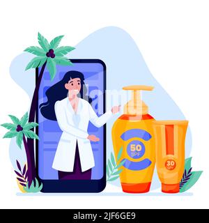 Online-Konsultation des Kosmetikers. Der Arzt empfiehlt die Verwendung von Sonnenschutzmitteln. Sonnencreme-Flaschenschlauch und Frau auf Telefonbildschirm. Vektor-Llustratio Stock Vektor