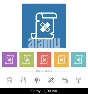Flache weiße Symbole mit Skriptmuster auf quadratischen Hintergründen. 6 Bonus-Symbole enthalten. Stock Vektor