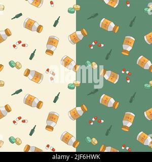 Musterfarbe in der medizinischen Richtung mit gelb und grün, mit Elementen von Tabletten Tropfen und Blasen Stock Vektor