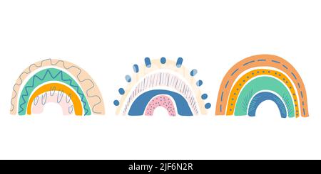Abstrakte Boho-Regenbogen mit bizarren Mustern. Handgezeichneter niedlicher Bogen für Baumschuldekoration, Geburtstag, Party, Zimmerinnenplakate. Geschlechtsneutrale s Stock Vektor