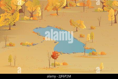Herbst landschaftlich schöner Blick von oben auf den Park mit gelben Bäumen und See. Herbstfarben, Landschaft. Stock Vektor
