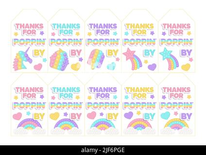 Set von 20 Geburtstags-Favour-Tags popi IT Fidget Spielzeug Vektor-Design mit Illustrationen und Text. Happy Birthday Geschenk bedruckbare Karten oder Etiketten in Pastell po Stock Vektor