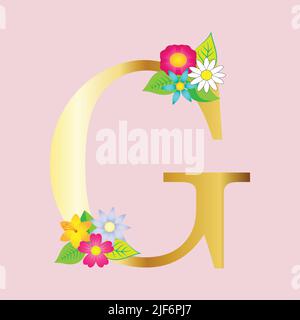 Florales Alphabet mit Blumen und Gold Glitter Zusammensetzung. botanic Dekoration Mehrzweck für Logo, Hochzeitskarten, etc. Stock Vektor
