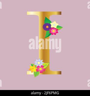 Florales Alphabet mit Blumen und Gold Glitter Zusammensetzung. botanic Dekoration Mehrzweck für Logo, Hochzeitskarten, etc. Stock Vektor
