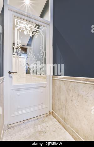 Geschlossene Eingangstür mit Glaseinsätzen in hellen geräumigen Korridor mit braunen Teppichen und weißen Wänden der modernen Wohnung platziert Stockfoto