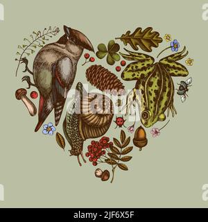 Geheimnisvolles Vintage-Design mit Waldherz. Handgezogener Wachsflügel, Schnecke, Poolfrosch, Insekt, Steinchen, Eiche, Eberesche, Vergiss mich nicht Blume, Kleeblatt, Schäfer s Stock Vektor