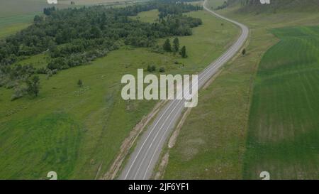 Kurve Asphaltstraße zwischen grünen Feld in Altai, Sibirien, Russland. Schöne Sommer Naturlandschaft bei tagsüber. Luftaufnahme von einer Drohne Stockfoto