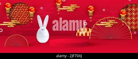 Plattform und Podium für Präsentationen. Festliche Weihnachten Hintergrund, Keramik-Hasen, hängende Laternen, Fans, traditionelle Muster. Frohes neues Jahr der Stock Vektor