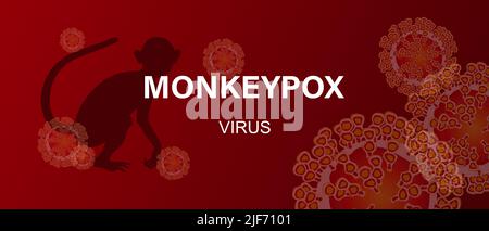 Monkeypox-Virus. Banner mit Text, Viruszellen und Affensilhouette. Konzept der Viruserkrankung. Hintergrund der Vektor-Mikrobiologie. Stock Vektor