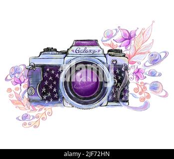 Galaxienkamera mit Blumen und Planeten Stockfoto