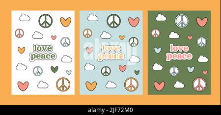 Love peace groovy 1970 Set. Drei Postkarten mit bunten Comic-Herzen und Symbolen Frieden. 70s vibes Hintergrund. Trippig handgezeichneter Vektor illustrationatio Stock Vektor