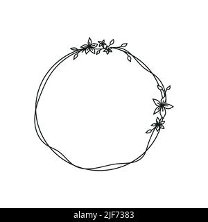 Handgezeichneter Vektor-Rundrahmen mit floralen Elementen, Kräutern, Blättern, Blumen, Zweigen, Verzweigungen. Stock Vektor