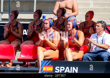 BUDAPEST, UNGARN - 30. JUNI: Nona Perez Vivas (c) aus Spanien, Elena Ruiz Barril aus Spanien, Maica Garcia Godoy aus Spanien, Cristina Nogue Frigola aus Spanien, Martina Terre aus Spanien während der FINA World Championships Budapest 2022 5-8 Platz Spiel Frankreich gegen Spanien am 30. Juni 2022 in Budapest, Ungarn (Foto von Albert Ten Hove/Orange Picturs) Stockfoto