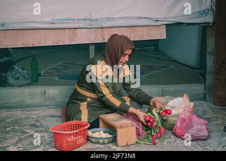 Vor ihrem Zelt bereitet die Syrerin für ihre Familie ein Abendessen zu. Halba ist ein weiteres Dorf im Norden des Libanon. In diesem informellen Flüchtlingslager leben rund 60 syrische Familien. Obwohl sie Unterstützung von Organisationen erhalten, leiden viele Familien stark unter der schrecklichen wirtschaftlichen Lage des Libanon. (Foto von Lara Hauser / SOPA Images/Sipa USA) Stockfoto