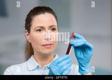 Krankenschwester oder Wissenschaftlerin führt in einem Labor eine Blutprobe in einem Reagenzglas durch Stockfoto