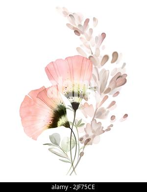 Aquarell florale Komposition. Helle Blumen im modernen Boho-Stil. Pastellfarbene pfirsichfarbene Anemonen mit getrocknetem Pampagras. Abstrakt, handbemalt Stockfoto