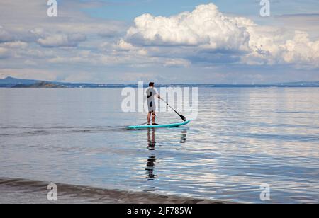 Portobello, Edinburgh, Schottland, Großbritannien. 30.. Juni 2022. Cumulus Wolken oben und eine spiegelartige Oberfläche auf dem ruhigen Firth of Forth für dieses Stand Up Paddlebarder Training am frühen Nachmittag, mit einer Temperatur von 18 Grad Celsius. Kredit: Archwhite/alamy Live Nachrichten. Stockfoto