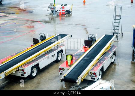 Flugausfälle belasten müde Reisende. Gepäckförderbänder auf Asphalt sind leer. Stockfoto