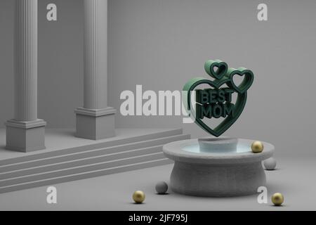 Schöne abstrakte Illustrationen Grünes Herz mit Wörtern Beste MUTTER Symbol Symbol Symbol auf einem Brunnen und Spalte Hintergrund. 3D Rendering-Illustration. Mütter D Stockfoto