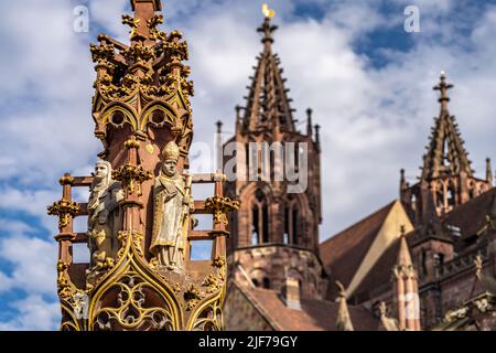 Fischbrunnen Detail und das Freiburger Münster am Münsterplatz , Freiburg im Breisgau, Schwarzwald, Baden-Württemberg, Deutschland | Fischbrunnen FIS Stockfoto