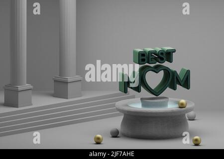 Schöne abstrakte Illustrationen Green Best MOM Symbol-Symbol auf einem Brunnen und Säule Hintergrund. 3D Rendering-Illustration. Muttertag. Stockfoto