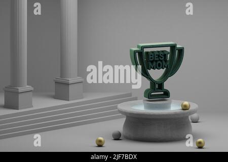 Schöne abstrakte Illustrationen Grüner Becher mit Worten BESTE MAMA und Herz Symbol Symbol auf einem Brunnen und Spalte Hintergrund. 3D Rendering-Illustration. M Stockfoto