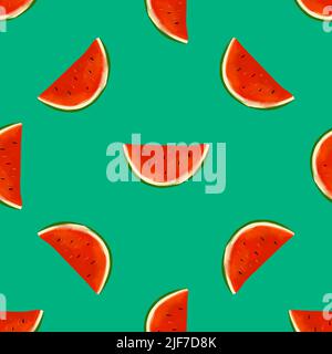 Nahtloses Muster mit iIllustration eine Wassermelone schneidet auf grünem Hintergrund Stock Vektor