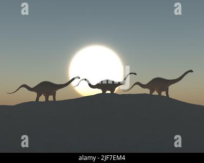 Drei Dinosaurier diplodocus im Morgengrauen Stockfoto