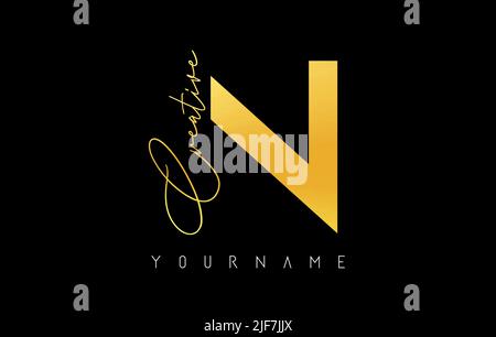 Kreatives goldenes N-Logo mit Schnitten und handgeschriebenem Textkonzept. Buchstabe mit geometrischem Design. Vektor-Illustration mit Brief und kreativem Schnitt. Stock Vektor