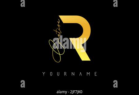 Kreatives goldenes R-Logo mit Schnitten und handgeschriebenem Textkonzept. Buchstabe mit geometrischem Design. Vektor-Illustration mit Brief und kreativem Schnitt. Stock Vektor