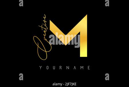 Kreatives goldenes M-Logo mit Schnitten und handgeschriebenem Textkonzept. Buchstabe mit geometrischem Design. Vektor-Illustration mit Brief und kreativem Schnitt. Stock Vektor