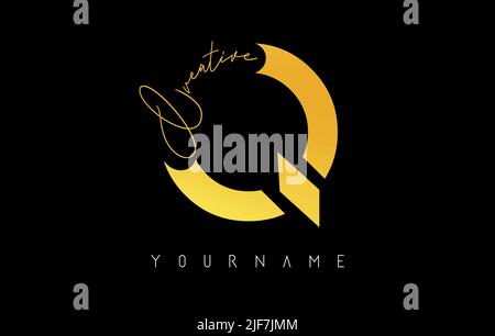 Kreatives goldenes Q-Logo mit Schnitten und handgeschriebenem Textkonzept. Buchstabe mit geometrischem Design. Vektor-Illustration mit Brief und kreativem Schnitt. Stock Vektor