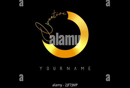 Kreatives goldenes O-Logo mit Schnitten und handgeschriebenem Textkonzept. Buchstabe mit geometrischem Design. Vektor-Illustration mit Brief und kreativem Schnitt. Stock Vektor