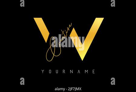 Kreatives goldenes W-Logo mit Schnitten und handgeschriebenem Textkonzept. Buchstabe mit geometrischem Design. Vektor-Illustration mit Brief und kreativem Schnitt. Stock Vektor