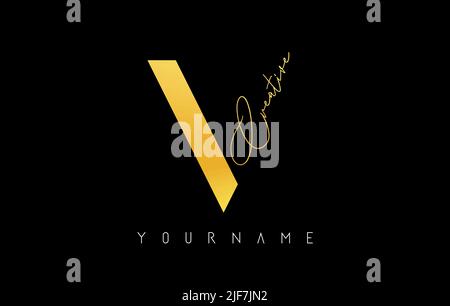 Kreatives goldenes V-Logo mit Schnitten und handgeschriebenem Textkonzept. Buchstabe mit geometrischem Design. Vektor-Illustration mit Brief und kreativem Schnitt. Stock Vektor