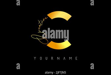 Kreatives goldenes C-Logo mit Schnitten und handgeschriebenem Textkonzept. Buchstabe mit geometrischem Design. Vektor-Illustration mit Brief und kreativem Schnitt. Stock Vektor