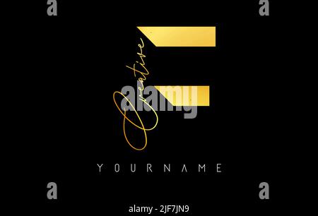 Kreatives goldenes F-Logo mit Schnitten und handgeschriebenem Textkonzept. Buchstabe mit geometrischem Design. Vektor-Illustration mit Brief und kreativem Schnitt. Stock Vektor