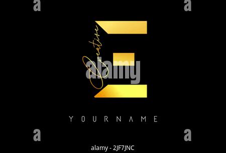 Kreatives goldenes E-Logo mit Schnitten und handgeschriebenem Textkonzept. Buchstabe mit geometrischem Design. Vektor-Illustration mit Brief und kreativem Schnitt. Stock Vektor